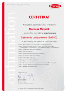 Certyfikat ukończenia szkolenia podstawowego instalatora fotowoltaiki