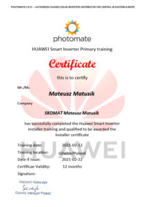 Certyfikat instalatora fotowoltaiki i oprzyrządowania Huawei