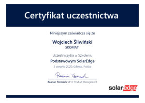 Certyfikat instalatora fotowoltaiki Wojciech Śliwiński
