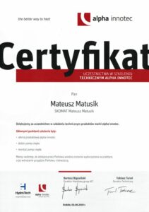 Certyfikat uczestnictwa w szkoleniu dla skomat fotowoltaika